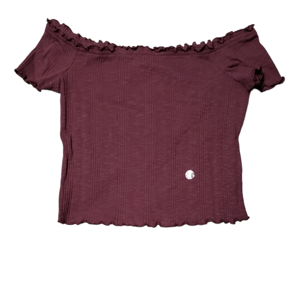 Aeropostale Burgundy Ribbed Lettuce Trim  Off The Shoulder Crop Top